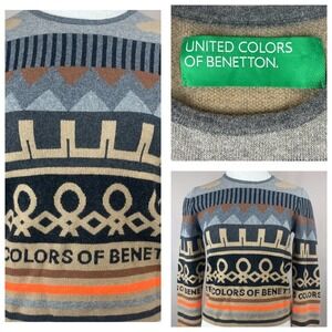 BENETTON Womens (XS) Wool Blend Monogram Geometric Ski Sweater Italy